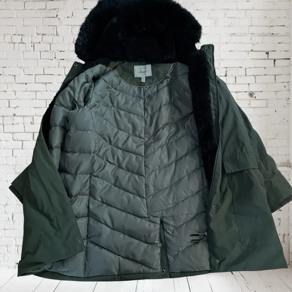 Bass Parka Puffer Jacket Sz XL Womens Olive Down‎ Quilted Black Faux Fur Hood
